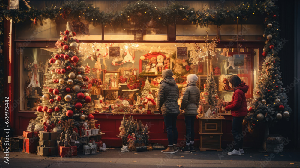 Family Enjoying Holiday Storefront Scene Family Enjoying Holiday Storefront Scene