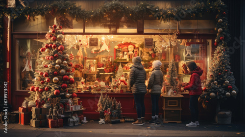 Family Enjoying Holiday Storefront Scene