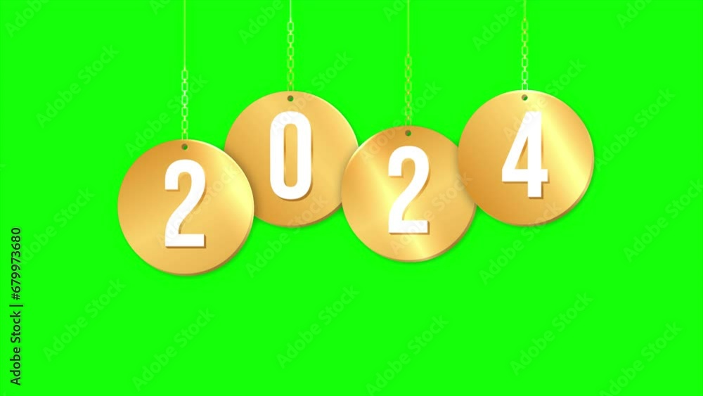 hanging golden pin of happy new year 2024 isolated on green screen , 4K footage animation hanging golden pin of happy new year 2024 isolated on green screen , 4K footage animation