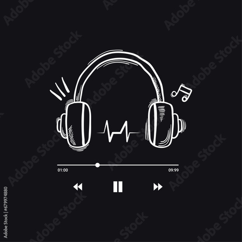 Headphone playing music T-shirt design, Hand Drawing concept, Vector Illustration
