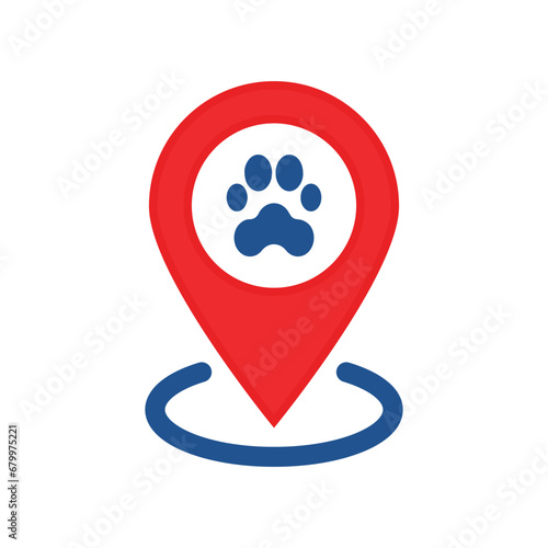 pet store location icon with red pin and paw. flat style trend modern petshop logotype graphic design web element isolated on white background. concept of easy finder veterinary clinic or zoo shop