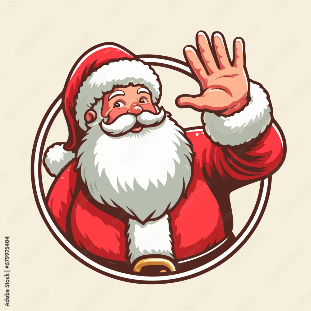 Cute Cartoon Vector illustration of a happy smiling santa claus waving out from circle, cartoon santa claus logo. Ai Generated Cute Cartoon Vector illustration of a happy smiling santa claus waving out from circle, cartoon santa claus logo. Ai Generated