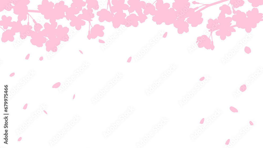 桜と花吹雪のシルエットの背景イラスト