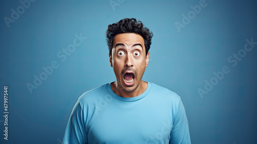 Funny surprised man with a goofy face wearing blue t-shirt isolated on blue background