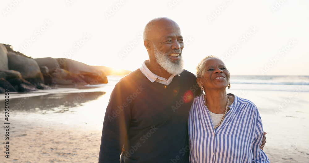 Senior couple, smile and hug by ocean, love and bonding on vacation, holiday and trip to beach. Happy black people, embrace and support or trust, commitment and connection in marriage or retirement - obrazy, fototapety, plakaty 