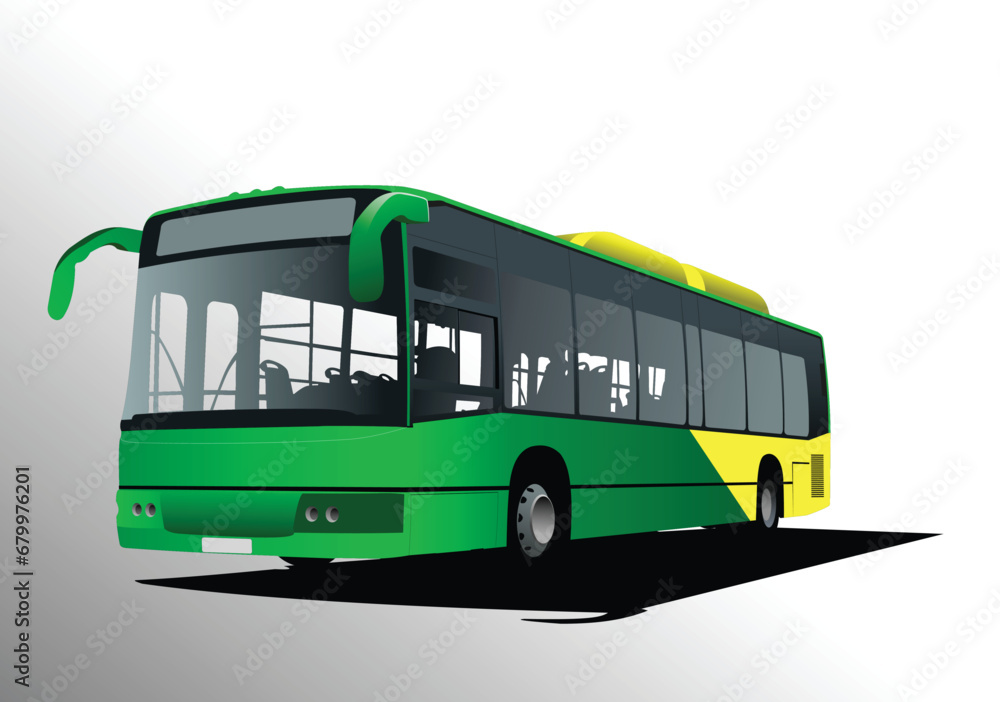 Green yellow City bus on the road. Coach. Vector 3d illustration