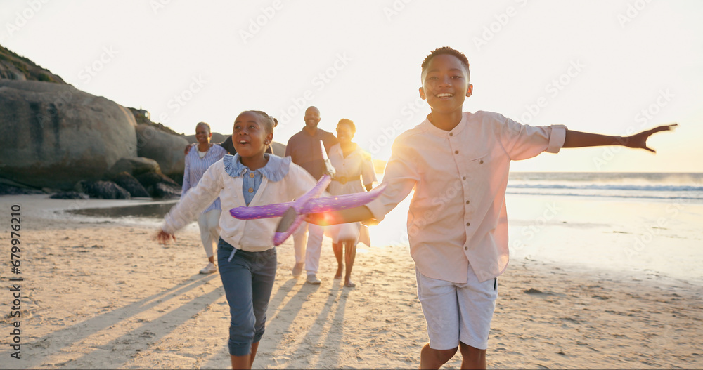 Fototapeta premium Children, sand or beach with toy airplane for love, happy or summer vacation to play wellness. Black family, smile or siblings to fly plane game at sea, travel or cape town freedom by horizon