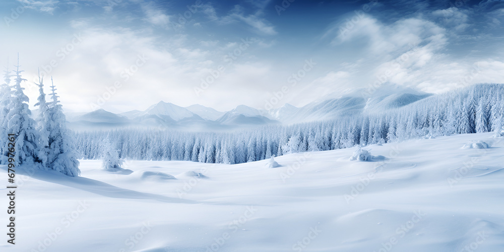 Sunny Snowscape  Majestic Mountain View,,
Glistening Snowy Landscape Under Sunlight Generative Ai
