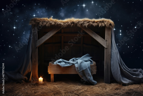 Wooden manger with newborn baby Jesus Christ in dark blue night with bright star. Nativity scene background. Christian Christmas concept. Birth of Salvation, Messiah, Emmanuel, God with us, hope