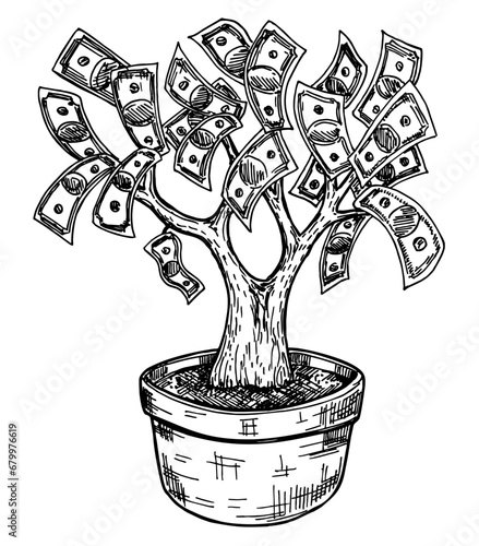 Money tree in flower pot. Business or savings concept of a money tree with growing dollar bills. Hand-drawn vector drawing of a money tree full of banknotes. Sketch illustration