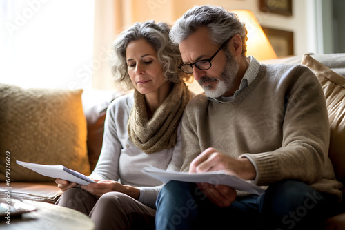 Worried senior couple reading financial documents, retirement, anxiety and elderly man and woman worry for mortgage payment, investment and budget at home
