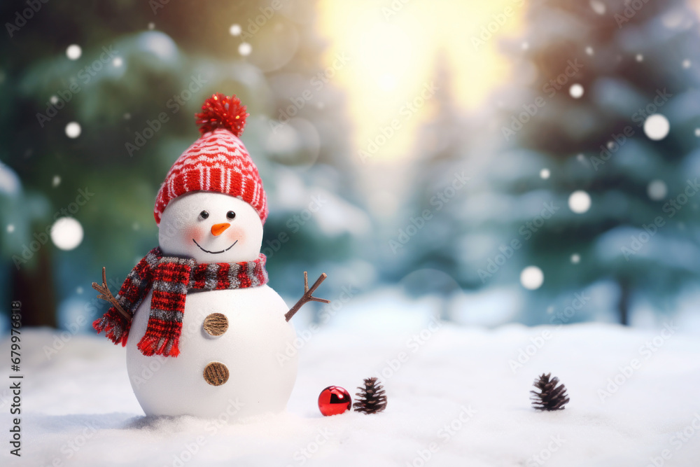 Cute little snowman in knitted hat and scarf standing outside on a winters day