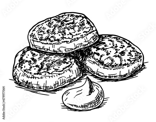 Cheesecakes, Cheese pancakes, syrniki sketch. Tasty pancakes with sour cream or cream isolated on white background. Hand drawn sketch by ink. Vector illustration.