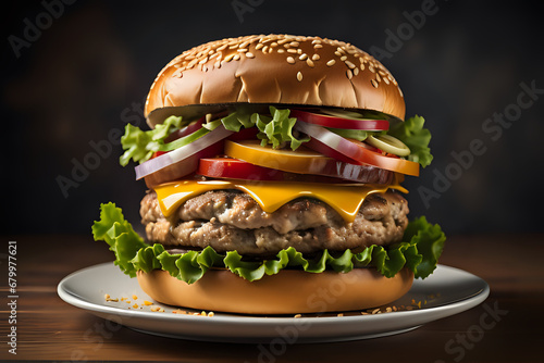 a hamburger with lettuce, tomato, onion, and cheese, hamburger, burger on a plate, big juicy burger