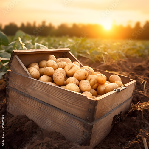 Potatoes harvested in a wooden box with field and sunset in the background. Natural organic fruit abundance. Agriculture, healthy and natural food concept. Square composition. © linda_vostrovska