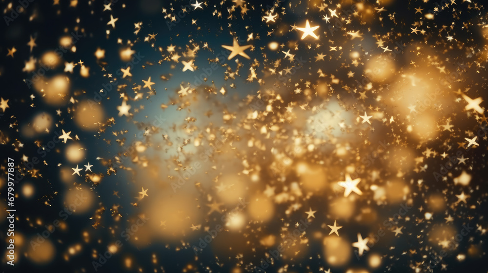 Fototapeta premium Golden stars lights with abstract defocused elements, glitter, bokeh over dark background. Festive Christmas and New year background