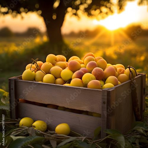 Yellow plums harvested in a wooden box with orchard and sunset in the background. Natural organic fruit abundance. Agriculture, healthy and natural food concept. Square composition. photo