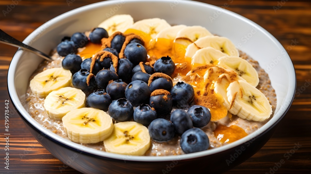 A bowl of oatmeal topped with sliced bananas, blueberries, and a drizzle of honey A bowl of oatmeal topped with sliced bananas, blueberries, and a drizzle of honey