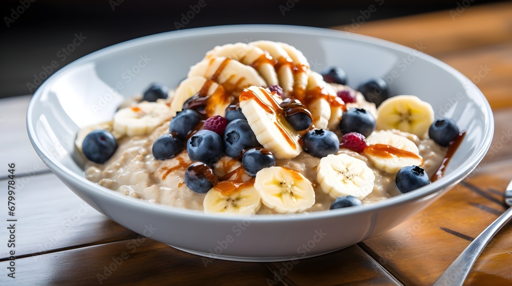 A bowl of oatmeal topped with sliced bananas, blueberries, and a drizzle of honey A bowl of oatmeal topped with sliced bananas, blueberries, and a drizzle of honey