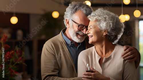 Happy senior adult mature classy couple hugging, bonding, thinking of good future. Carefree cheerful mid age old husband embracing wife looking away dreaming, enjoying wellbeing and love in new house. photo
