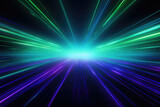 Abstract background of green neon lines sliding down on a bright blue background, with glowing purple and blue particles