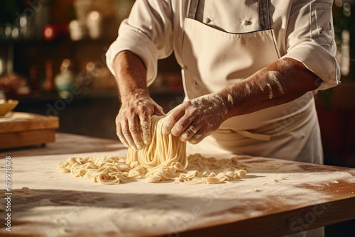 A chef is rolling out pasta dough.