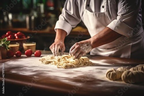 A chef is rolling out pasta dough. © wai