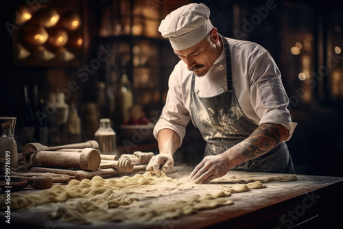 A chef is rolling out pasta dough.