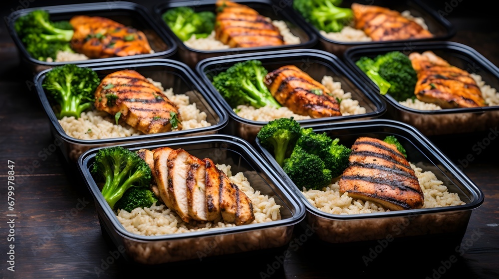 A clean eating meal prep scene with neatly portioned grilled chicken, steamed broccoli