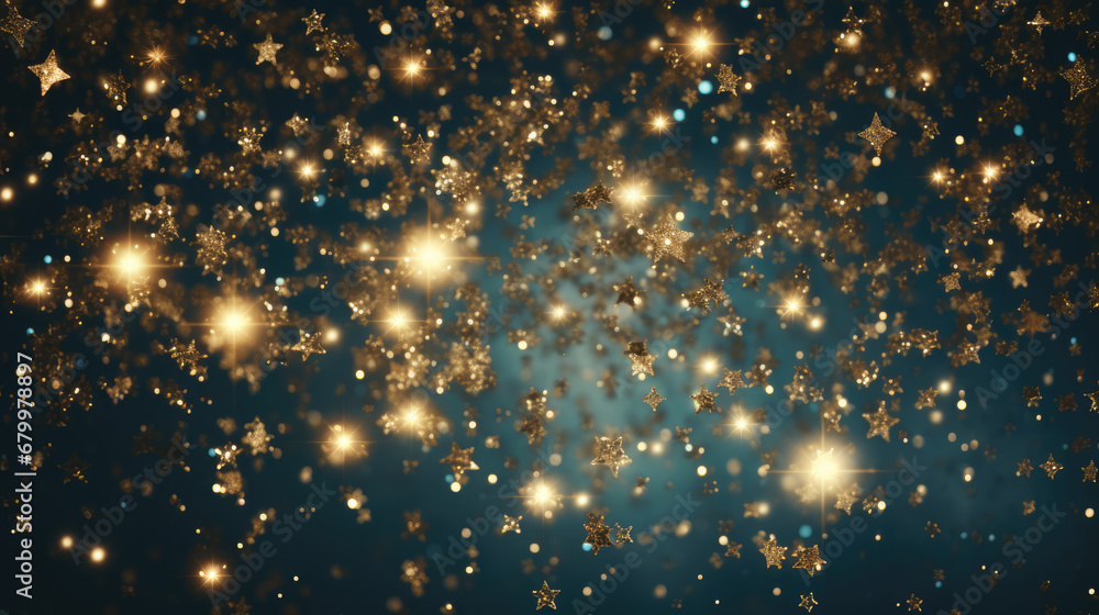 Fototapeta premium Golden stars lights with abstract defocused elements, glitter, bokeh over dark background. Festive Christmas and New year background