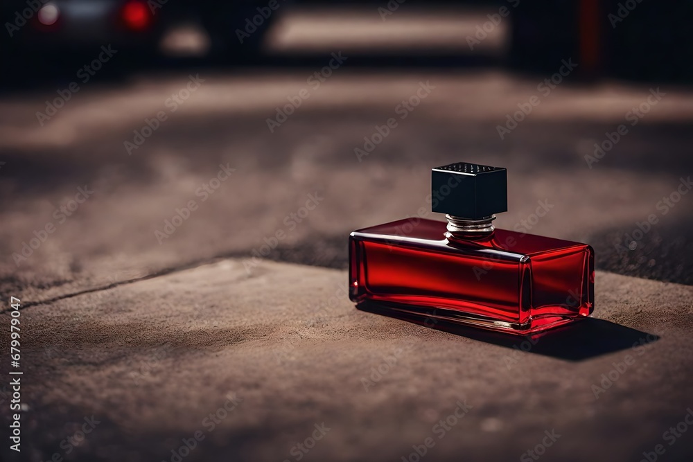 red colroed pefume flacon on old street sidewalk pavement floor red colroed pefume flacon on old street sidewalk pavement floor