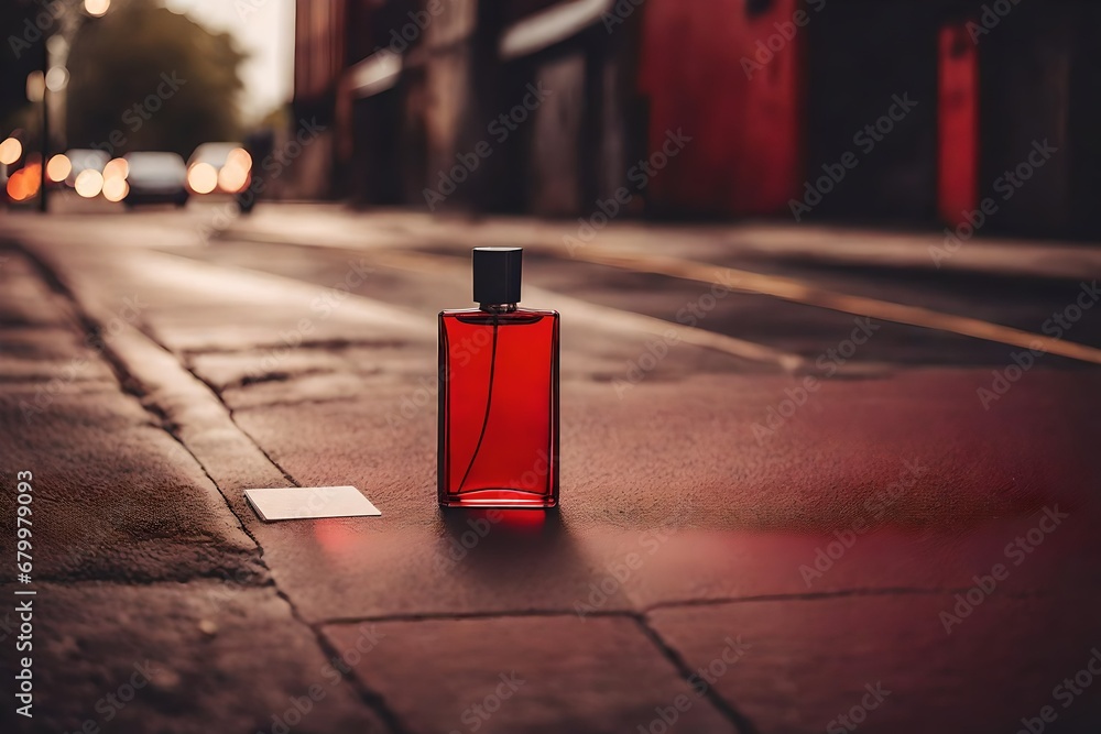 red colroed pefume bottle on  old street stone pavement  floor - obrazy, fototapety, plakaty 