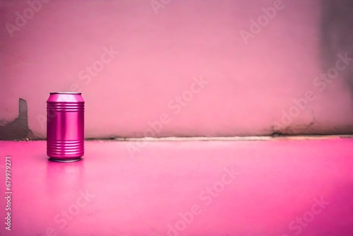 pink colored regular 33cl beverage can,painted concrete wall background , blank packaging advertising template photo