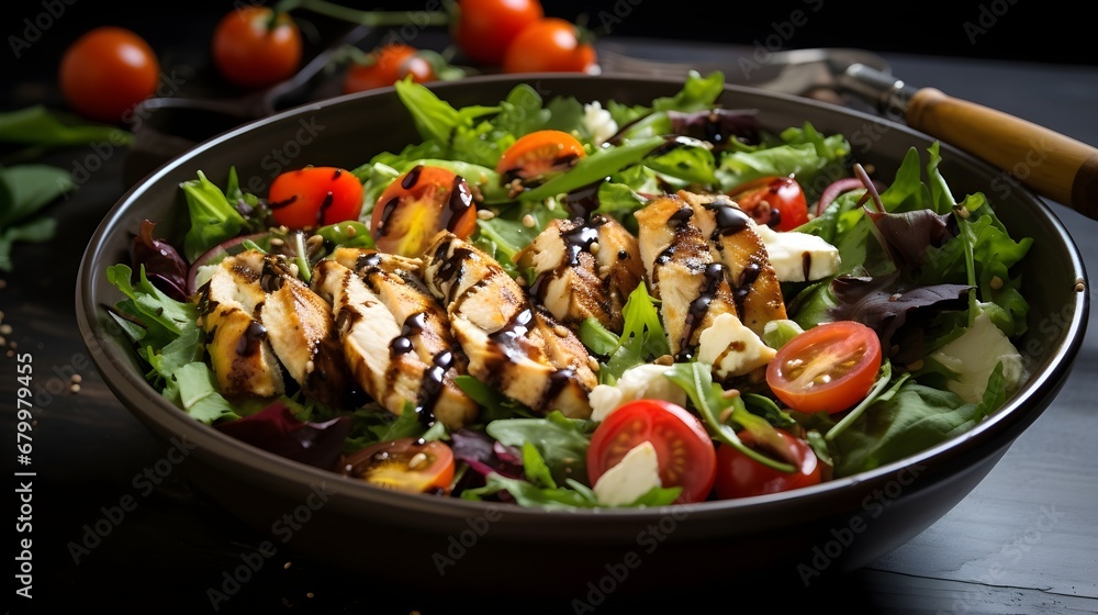 A colorful salad bowl with mixed greens, grilled chicken, cherry tomatoes, and a drizzle of balsamic vinaigrette, A colorful salad bowl with mixed greens, grilled chicken, cherry tomatoes, and a drizzle of balsamic vinaigrette,