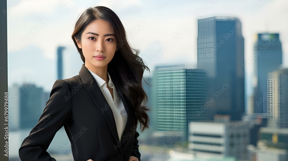 A confident Japanese businesswoman in a sharp, tailored black suit A confident Japanese businesswoman in a sharp, tailored black suit