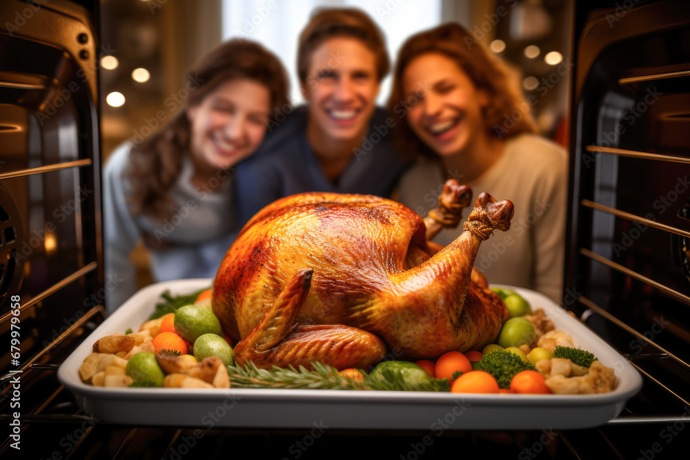 Three people look at the stuffed Thanksgiving turkey in the oven for Thanksgiving or Christmas dinner with various vegetables. Cooked at home. View from inside the oven. Three people look at the stuffed Thanksgiving turkey in the oven for Thanksgiving or Christmas dinner with various vegetables. Cooked at home. View from inside the oven.