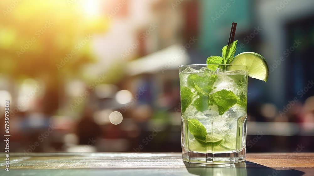 Exotic mojito drink on blurred city background in the rays of sunlight in summer close-up of a macro, street cafe Exotic mojito drink on blurred city background in the rays of sunlight in summer close-up of a macro, street cafe