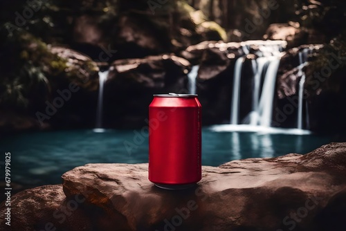 red colored aluminium can beverage template , natural waterfall background 