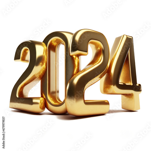 Happy new year, 2024 3d text render with gold effect, metalness, isolated on transparents background. PNG. AI generate. photo