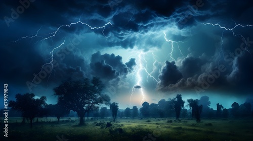 A dramatic thunderstorm with lightning illuminating the night sky,