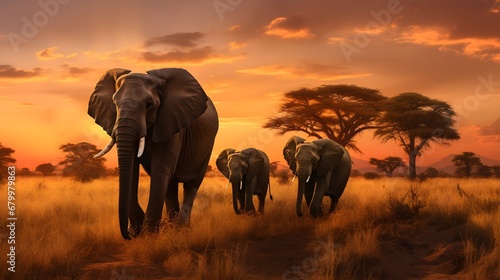 A family of elephants grazing on the savannah in the golden hour,