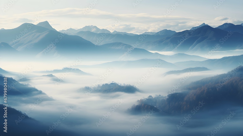 A mountain range shrouded in mist, creating an ethereal landscape, A mountain range shrouded in mist, creating an ethereal landscape,