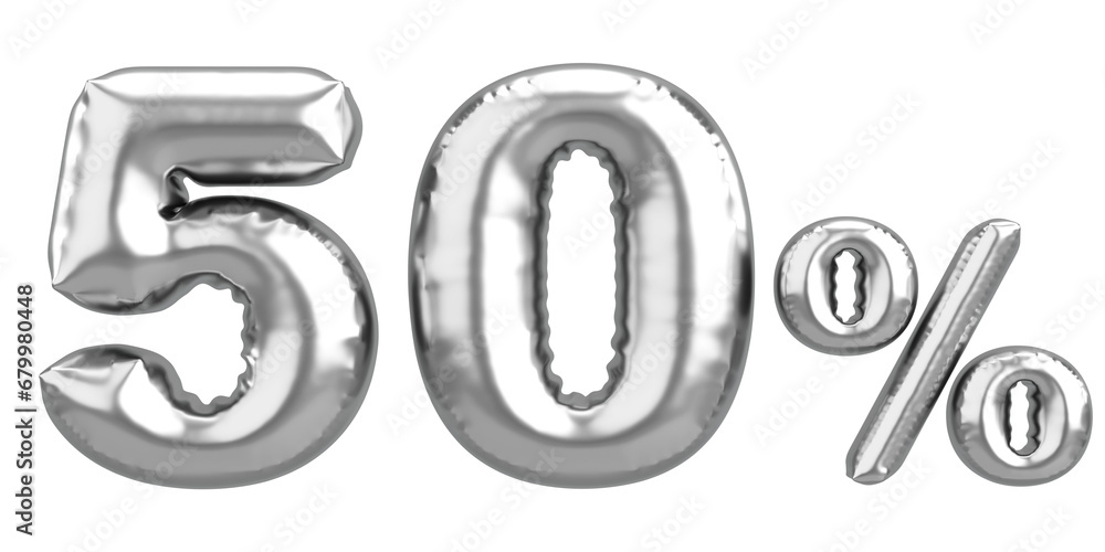 Fifty percent. 50% balloon text. 3D illustration. Fifty percent. 50% balloon text. 3D illustration.