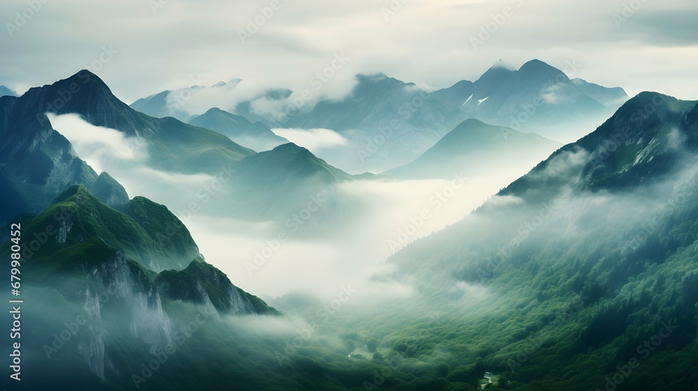 A mountain range shrouded in mist, creating an ethereal landscape,