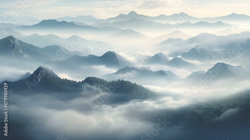 A mountain range shrouded in mist  creating an ethereal landscape 