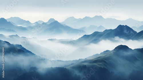 A mountain range shrouded in mist, creating an ethereal landscape,