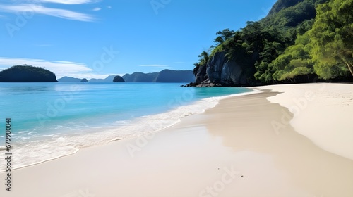 A pristine beach with clear blue waters,