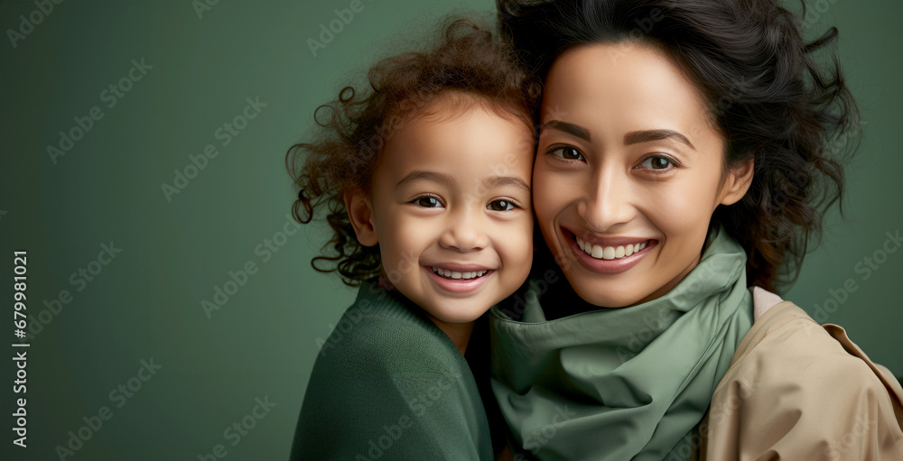 Fashion smiling mother holding her kid on solid color background, love concept Fashion smiling mother holding her kid on solid color background, love concept