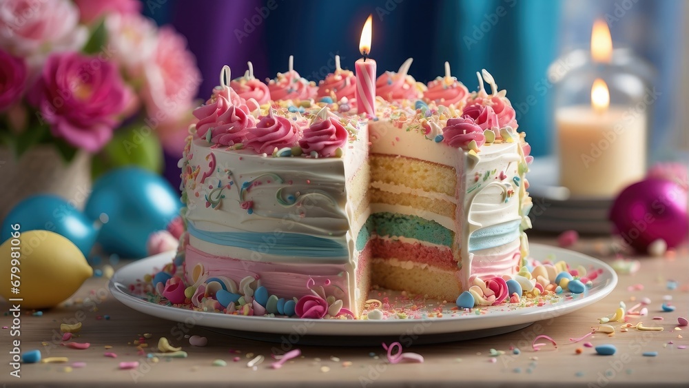 birthday cake with candles - obrazy, fototapety, plakaty 
