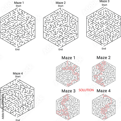 Hexagon labyrinth maze game with entry and exit , vector game maze puzzle set.